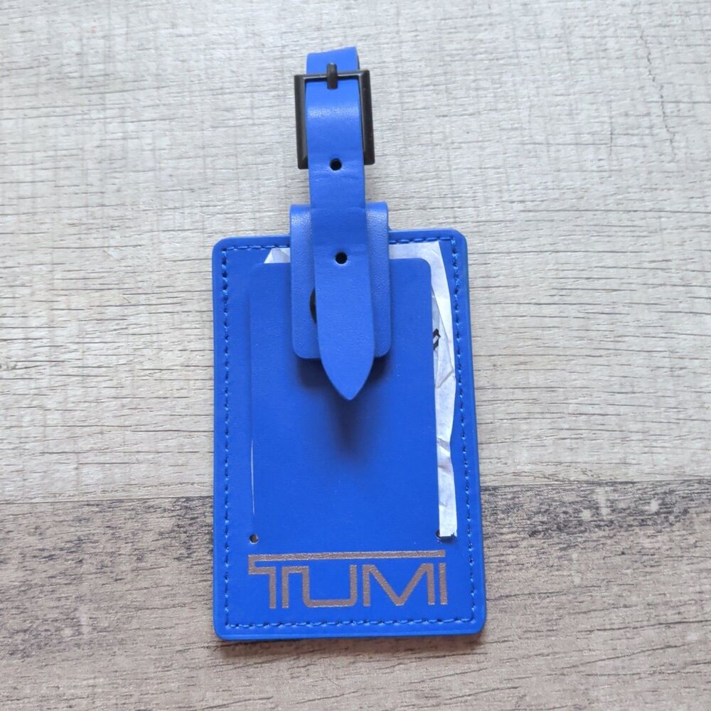 New Tumi Blue Leather Luggage ID Bag Tag Name Holder Adjustable Strap Travel